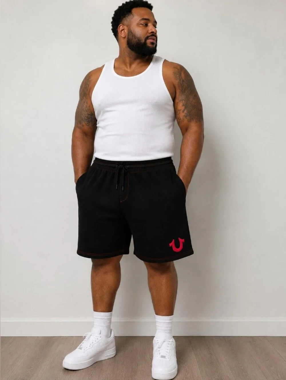 True Religion Men's 3XL Black Fleece Sweat Shorts Red Stitching NWT Drawstring